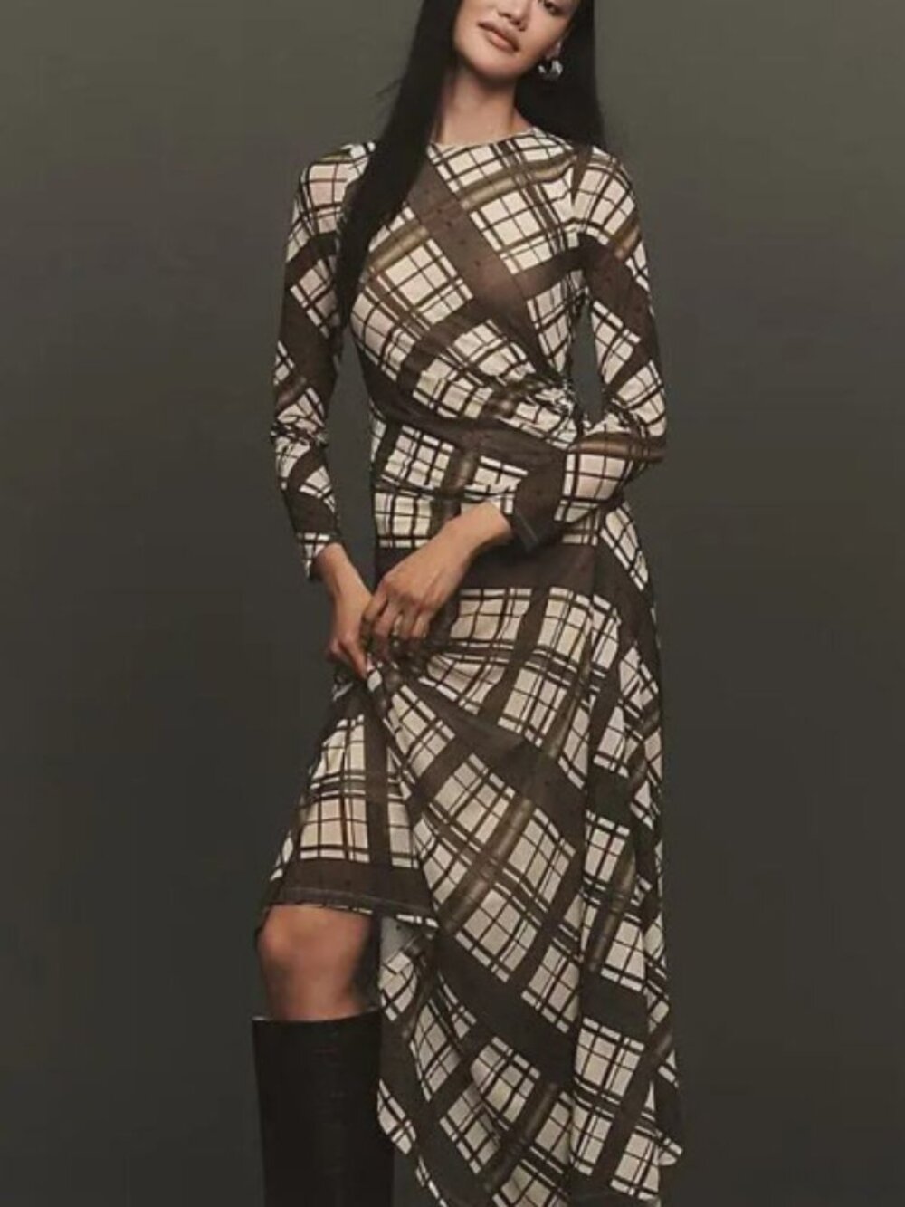 Anthropologie Long Sleeve Ruched Mesh Midi Dress Brown Plaid XXS